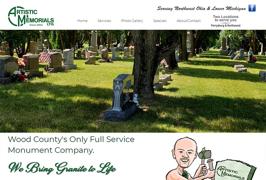 Artistic Memorials web site screen shot